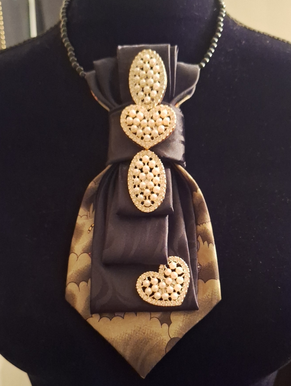 Black and Gold Upcycled Necktie Necklace with Pearl Heart Accents